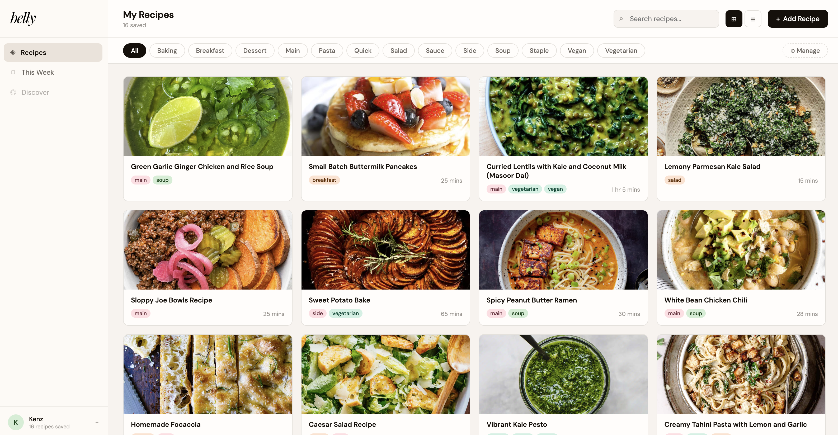 Belly app — recipe library